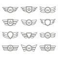 Wings line icon set. Winged logo and emblem collection. Company, army or aviation wing badges. Vector illustration. Royalty Free Stock Photo